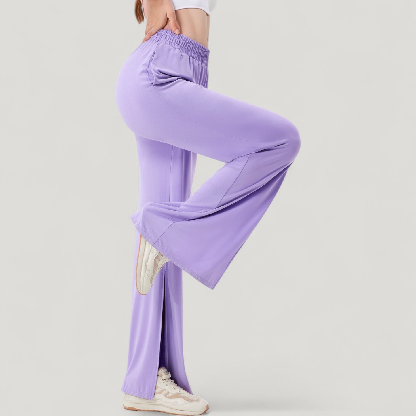 Anna-Kaci Active Women's Wide Leg Lounge Pants with Elastic Waistband and Side Slit Hem Detail