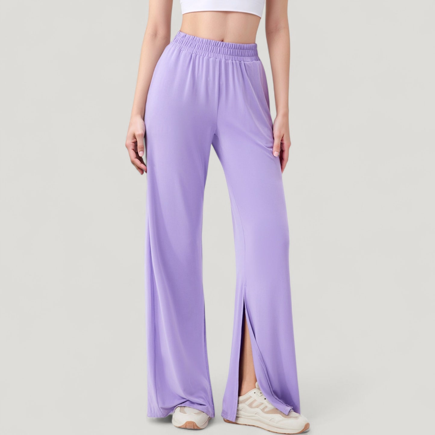 Anna-Kaci Active Women's Wide Leg Lounge Pants with Elastic Waistband and Side Slit Hem Detail