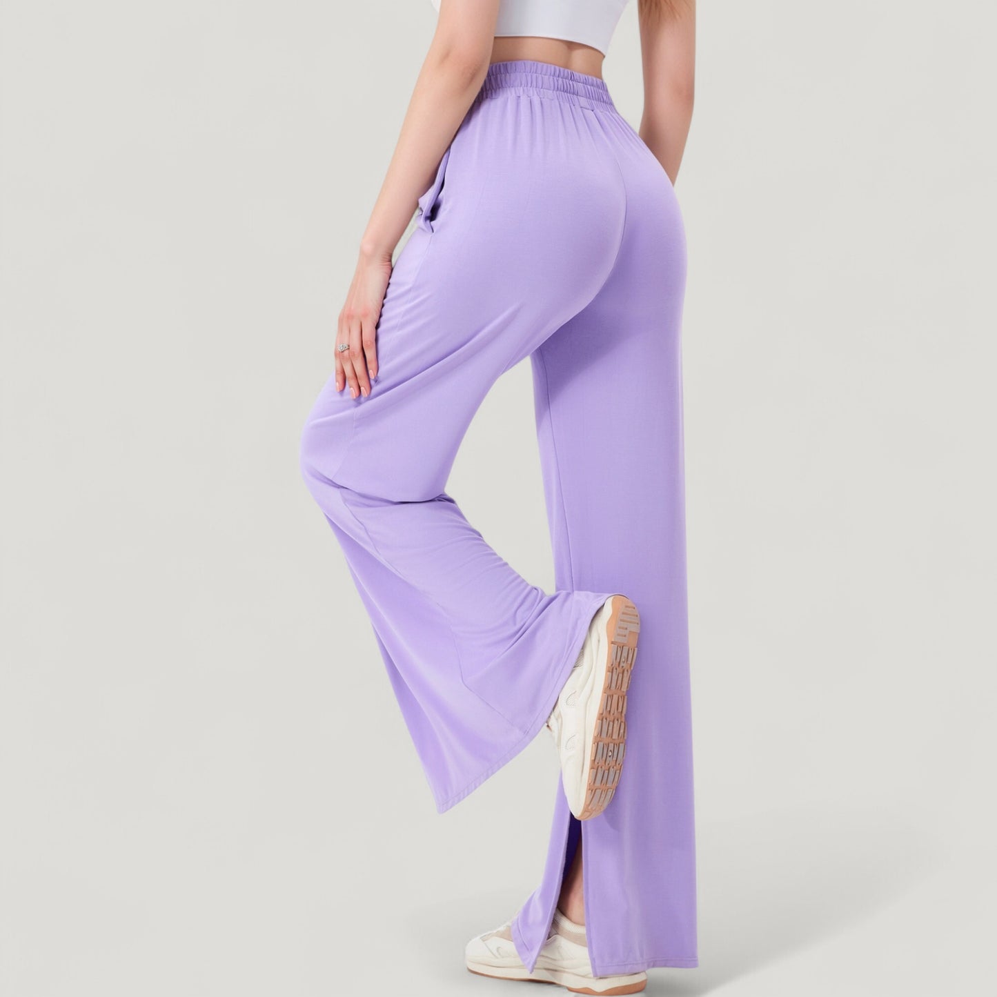 Anna-Kaci Active Women's Wide Leg Lounge Pants with Elastic Waistband and Side Slit Hem Detail