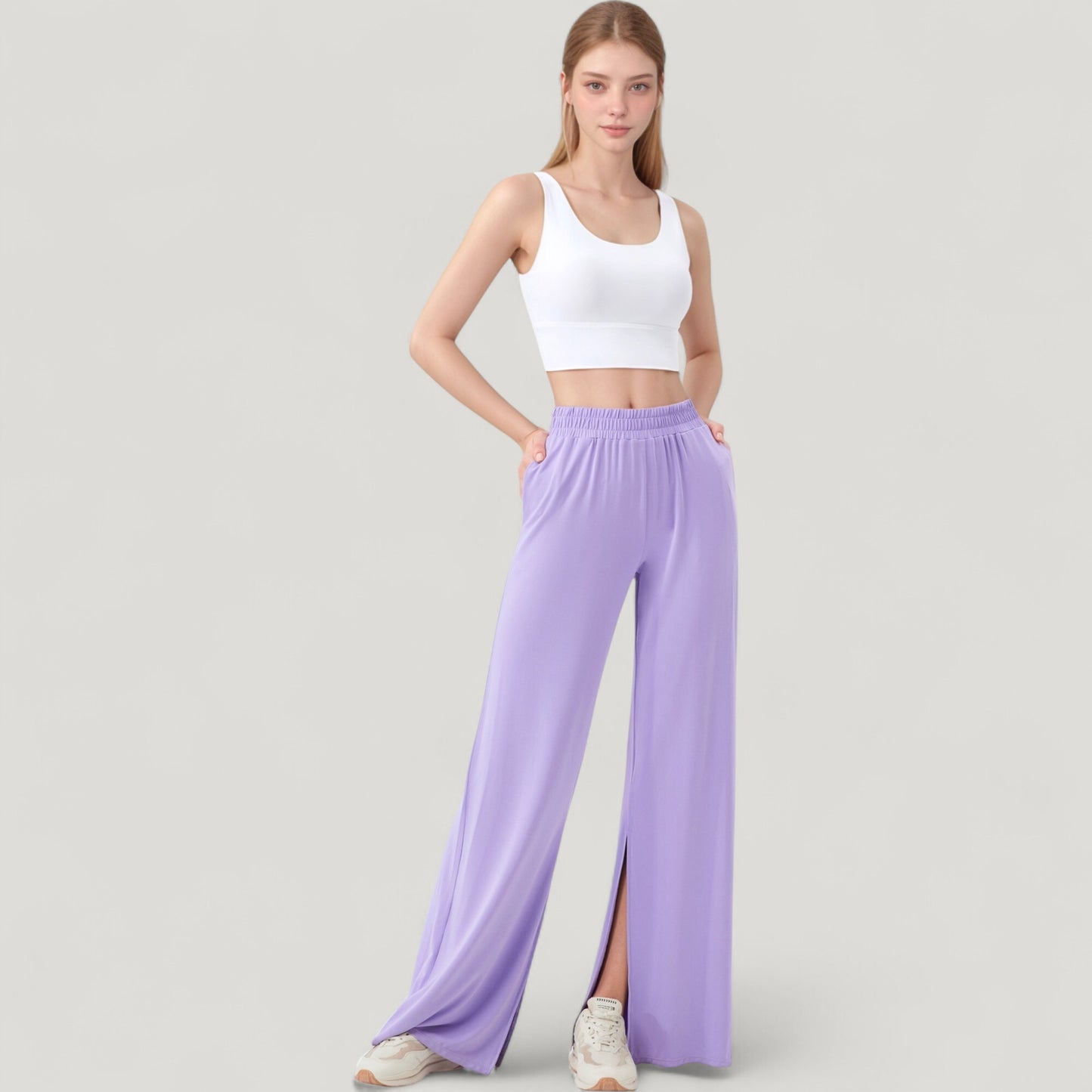 Anna-Kaci Active Women's Wide Leg Lounge Pants with Elastic Waistband and Side Slit Hem Detail