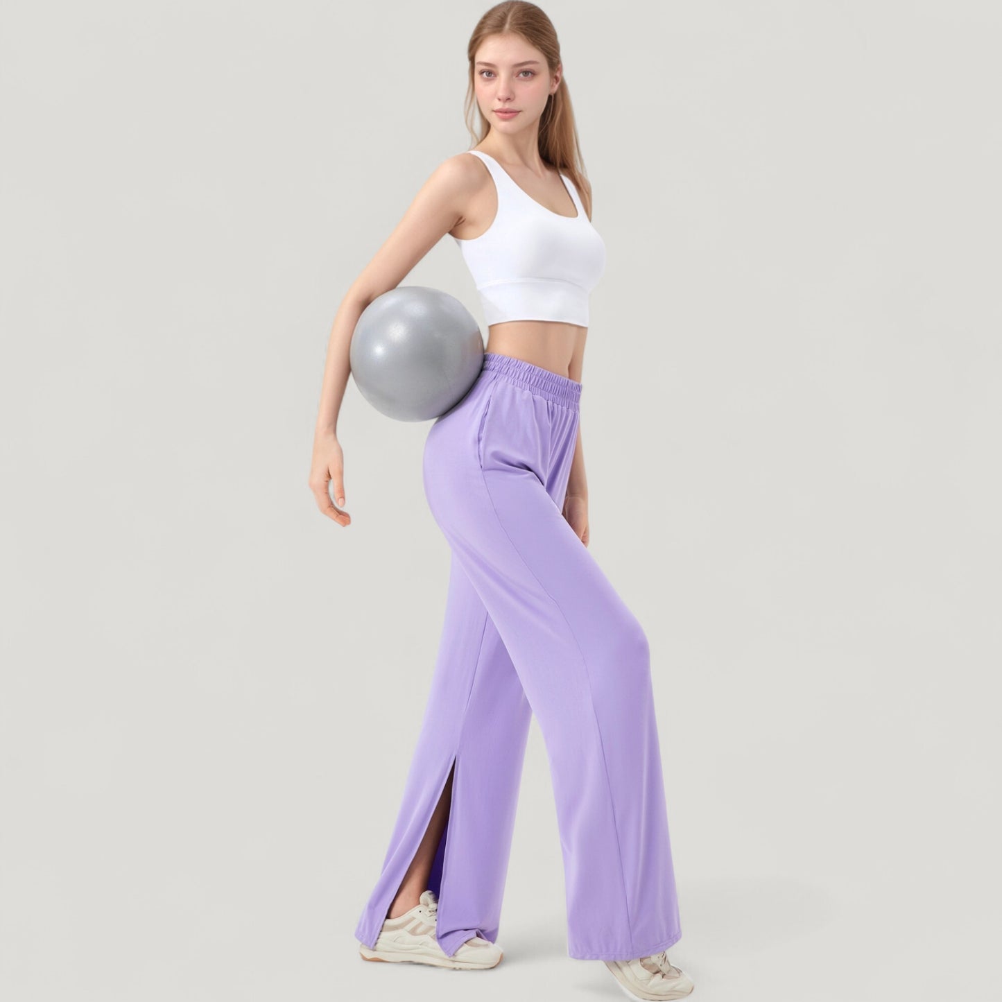 Anna-Kaci Active Women's Wide Leg Lounge Pants with Elastic Waistband and Side Slit Hem Detail