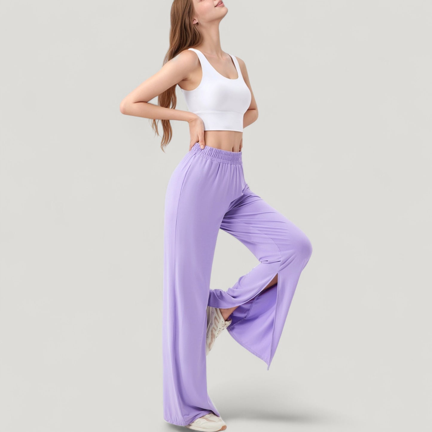 Anna-Kaci Active Women's Wide Leg Lounge Pants with Elastic Waistband and Side Slit Hem Detail