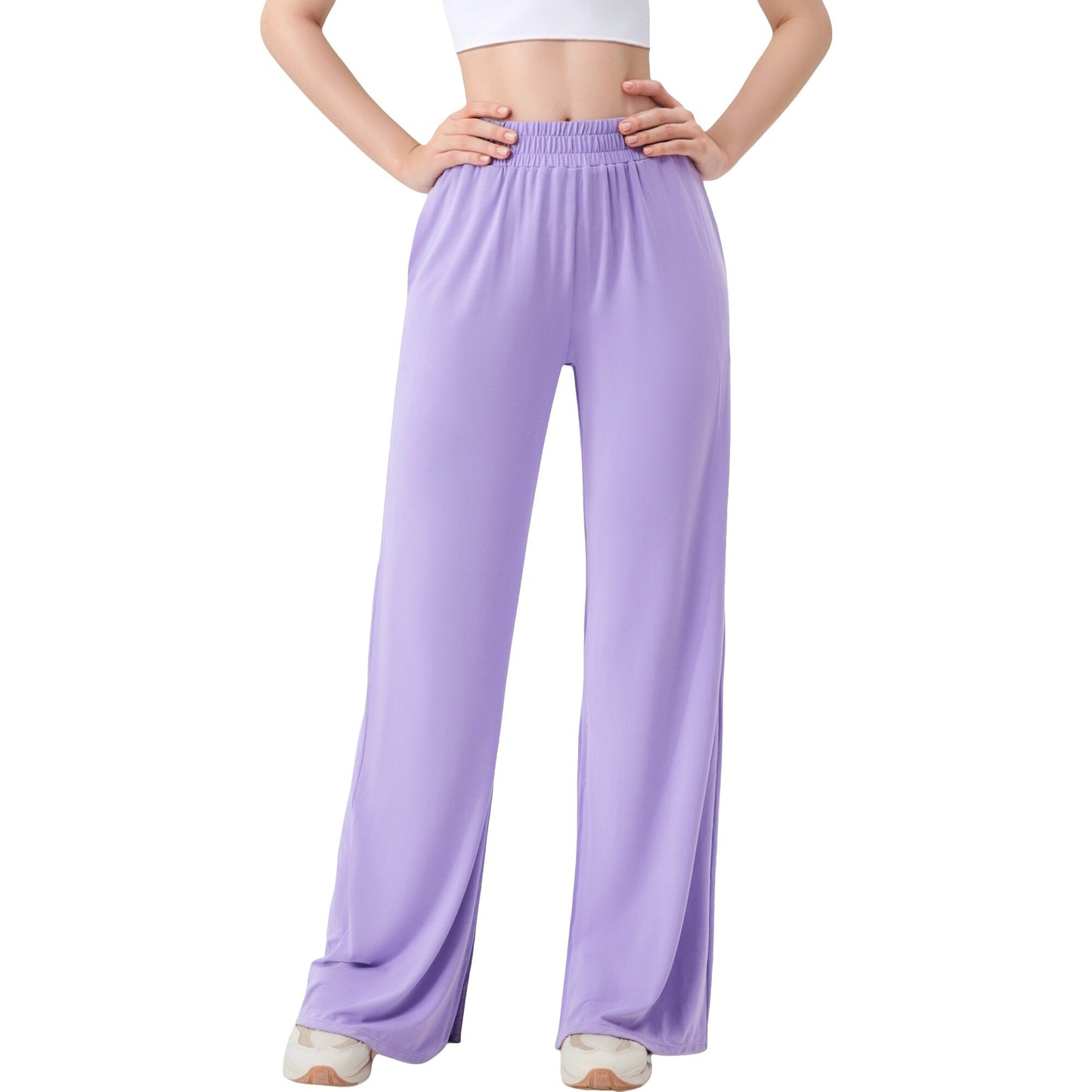 Anna-Kaci Active Women's Wide Leg Lounge Pants with Elastic Waistband and Side Slit Hem Detail