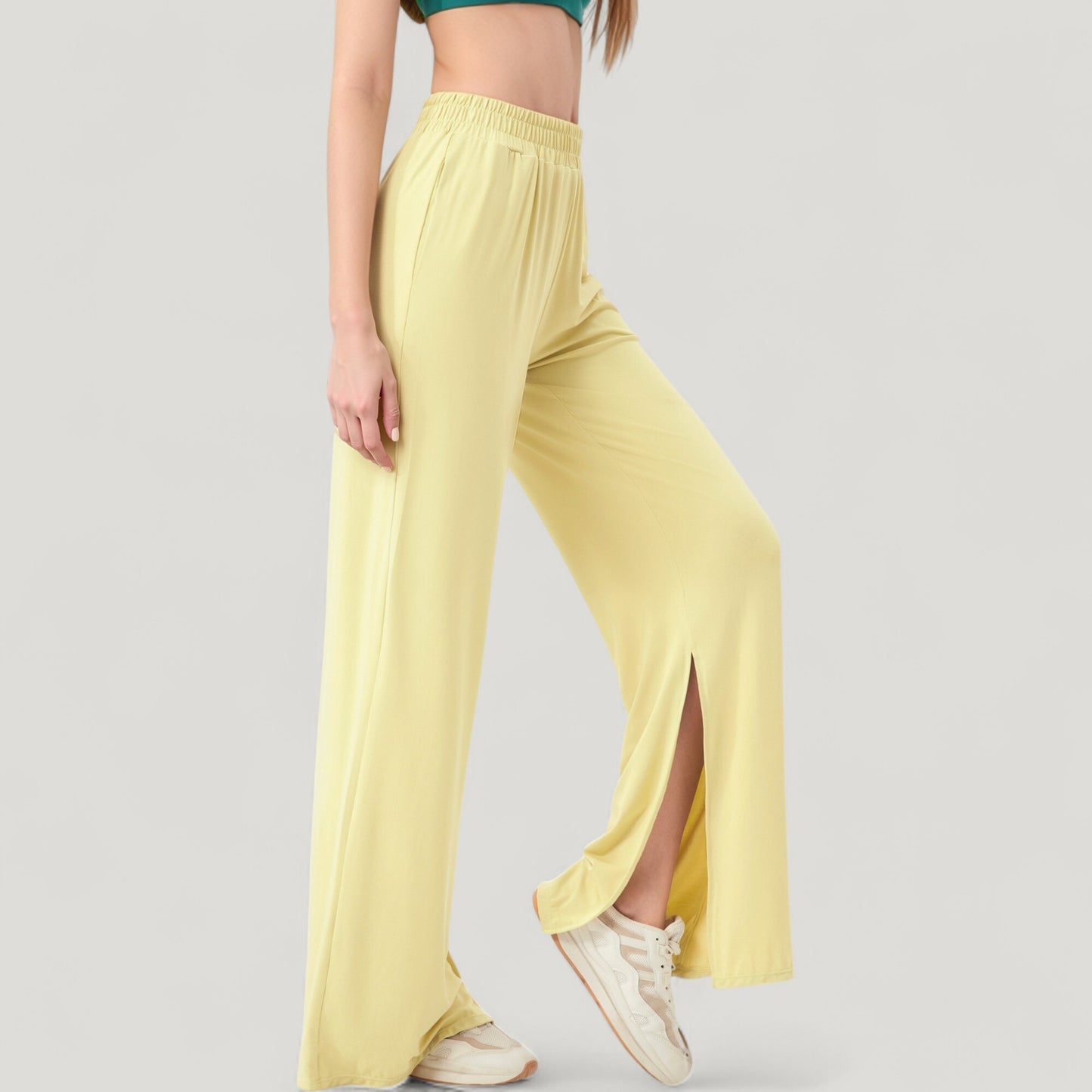 Anna-Kaci Active Women's Wide Leg Lounge Pants with Elastic Waistband and Side Slit Hem Detail