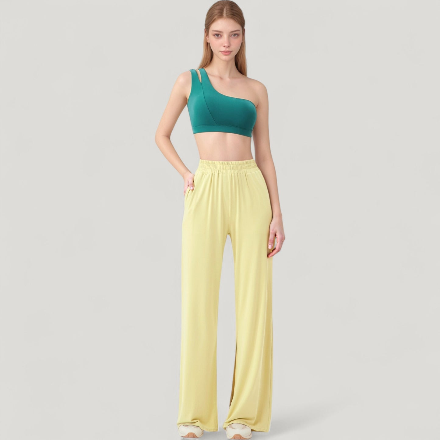 Anna-Kaci Active Women's Wide Leg Lounge Pants with Elastic Waistband and Side Slit Hem Detail
