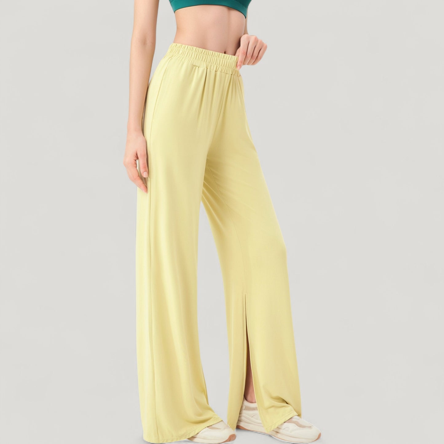 Anna-Kaci Active Women's Wide Leg Lounge Pants with Elastic Waistband and Side Slit Hem Detail