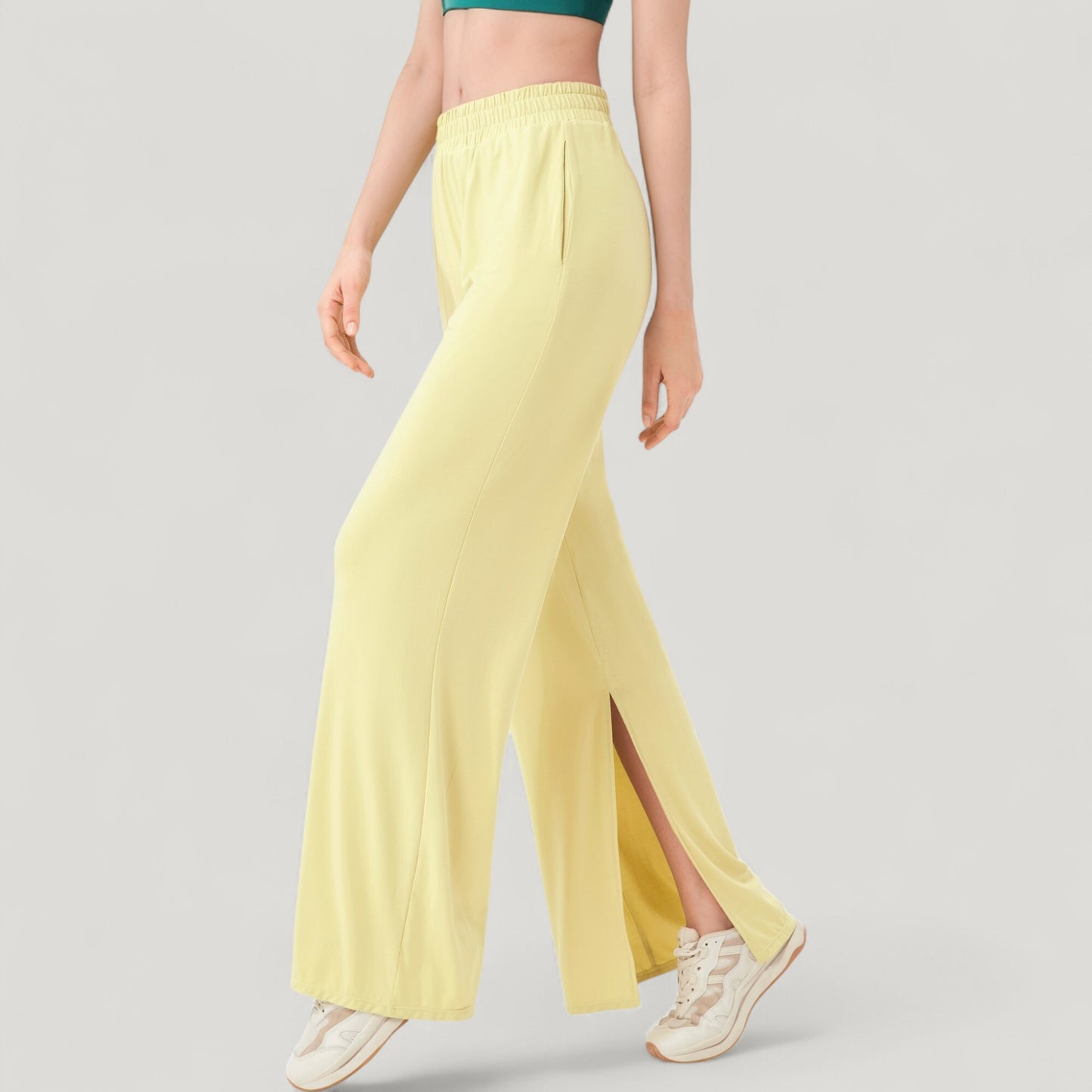 Anna-Kaci Active Women's Wide Leg Lounge Pants with Elastic Waistband and Side Slit Hem Detail