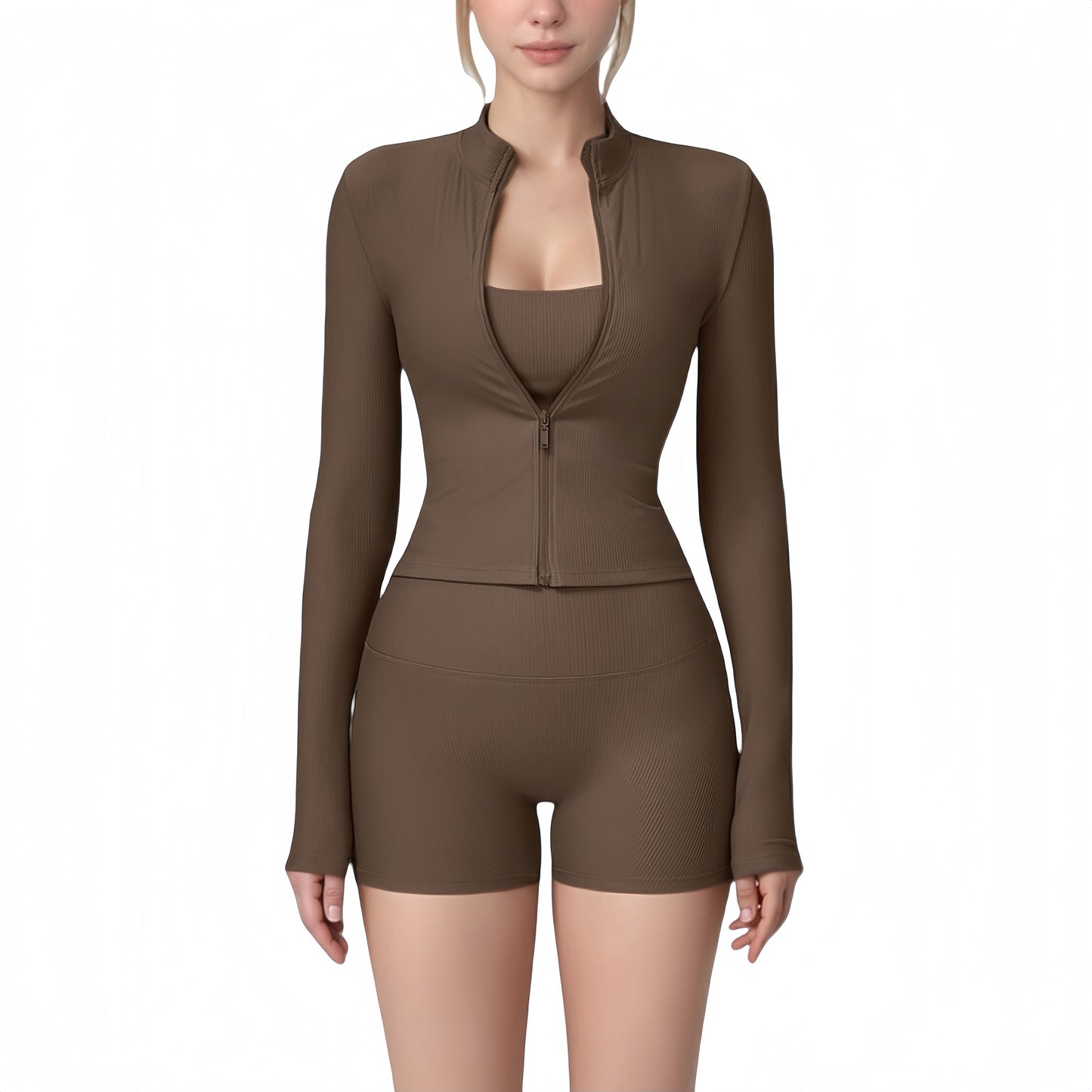 Anna-Kaci Active Women's Long Sleeve Ribbed Zip-Up Athletic Jacket with High Neckline