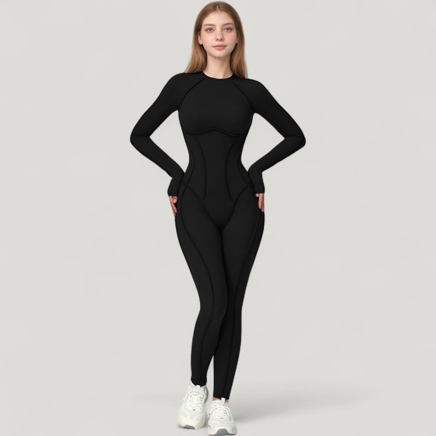 Anna-Kaci Active Women's Long Sleeve Fitted One-Piece Activewear Jumpsuit with Contoured Stitching and Open Back Design