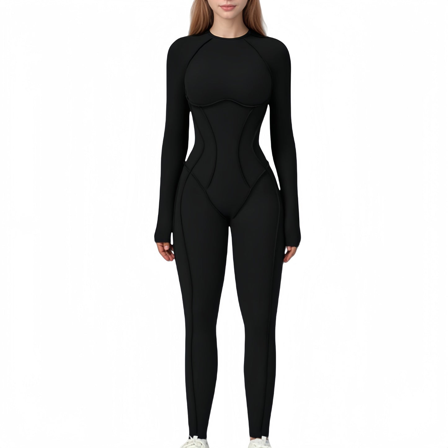 Anna-Kaci Active Women's Long Sleeve Fitted One-Piece Activewear Jumpsuit with Contoured Stitching and Open Back Design