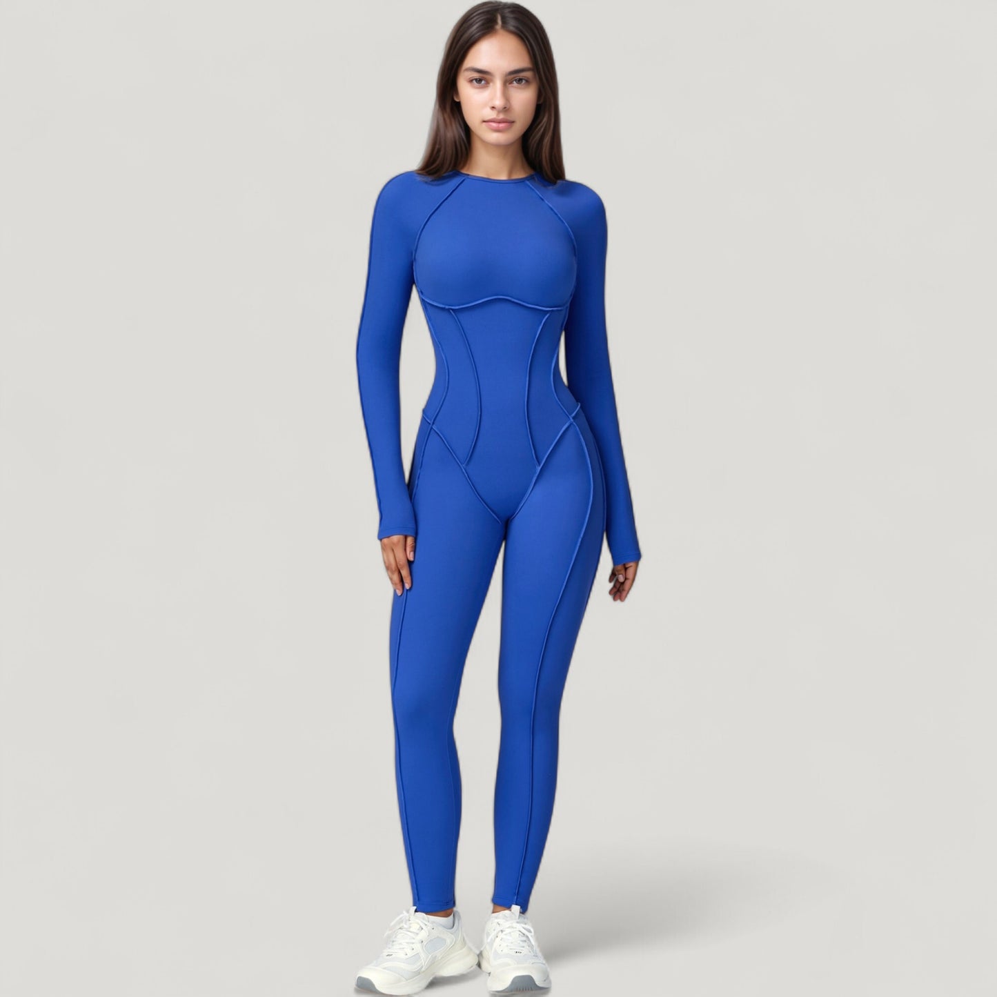 Anna-Kaci Active Women's Long Sleeve Fitted One-Piece Activewear Jumpsuit with Contoured Stitching and Open Back Design