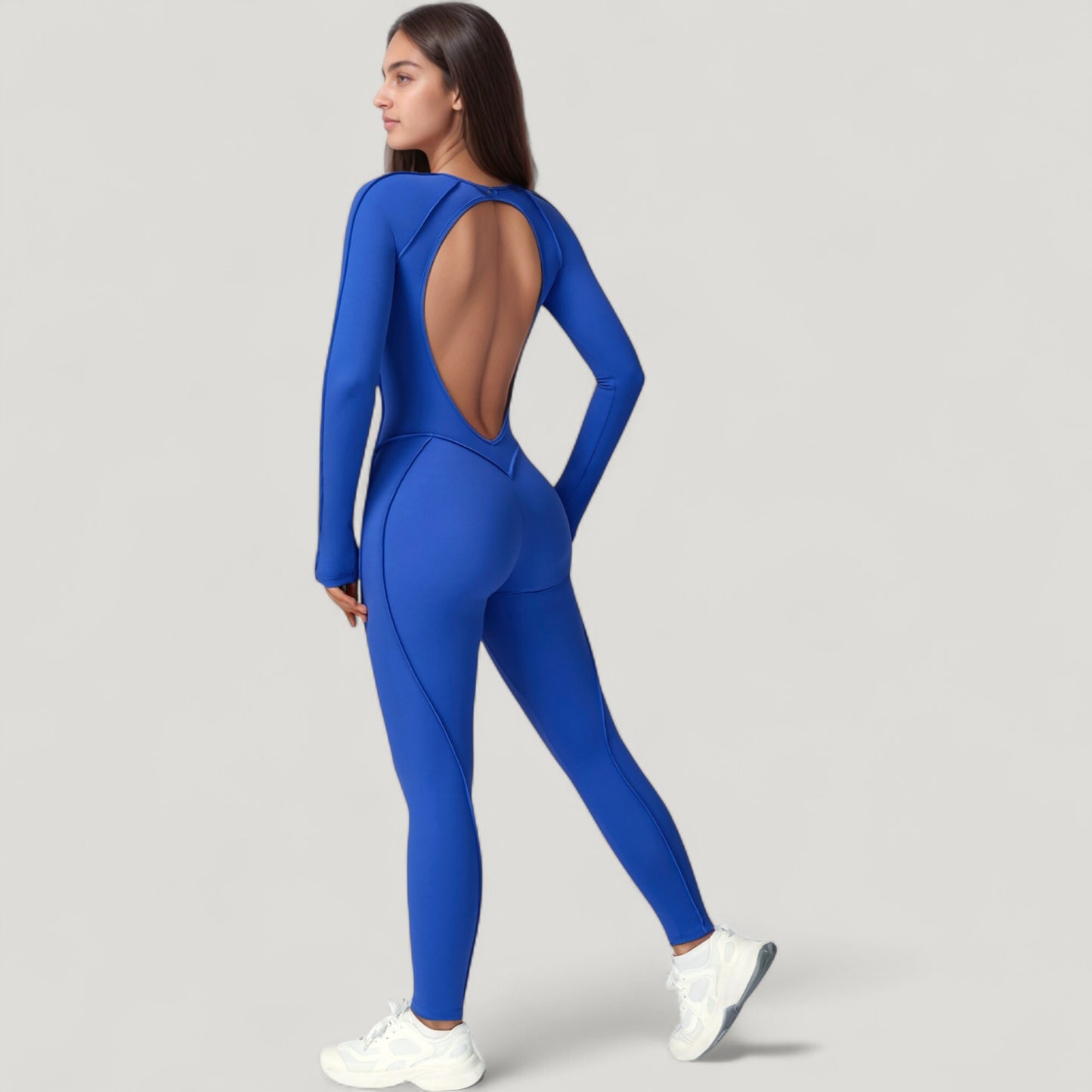 Anna-Kaci Active Women's Long Sleeve Fitted One-Piece Activewear Jumpsuit with Contoured Stitching and Open Back Design