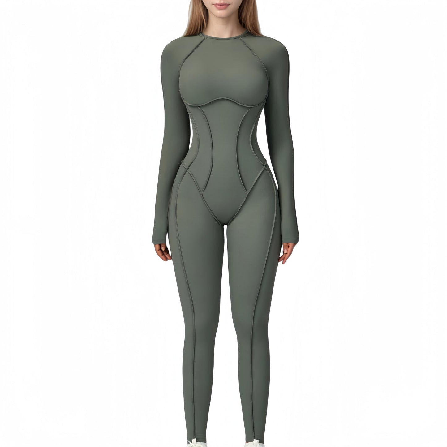 Anna-Kaci Active Women's Long Sleeve Fitted One-Piece Activewear Jumpsuit with Contoured Stitching and Open Back Design