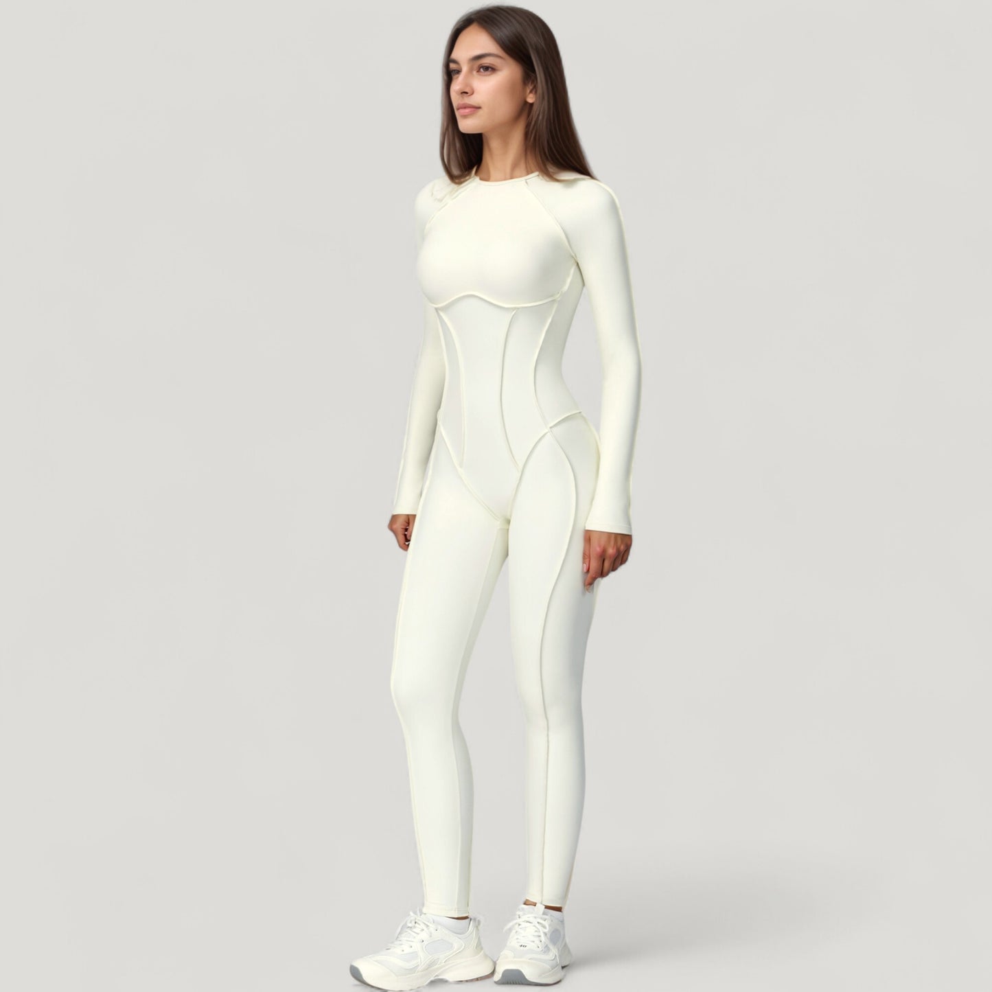 Anna-Kaci Active Women's Long Sleeve Fitted One-Piece Activewear Jumpsuit with Contoured Stitching and Open Back Design