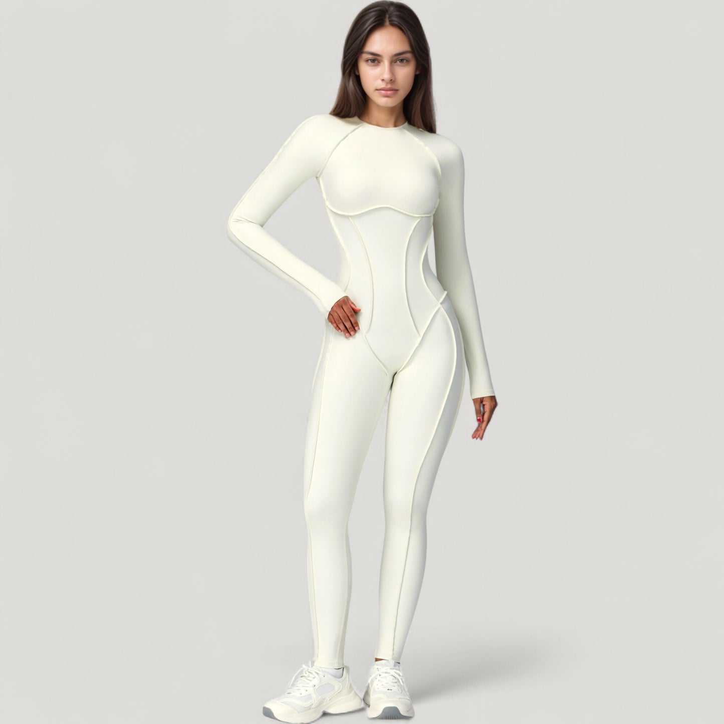 Anna-Kaci Active Women's Long Sleeve Fitted One-Piece Activewear Jumpsuit with Contoured Stitching and Open Back Design