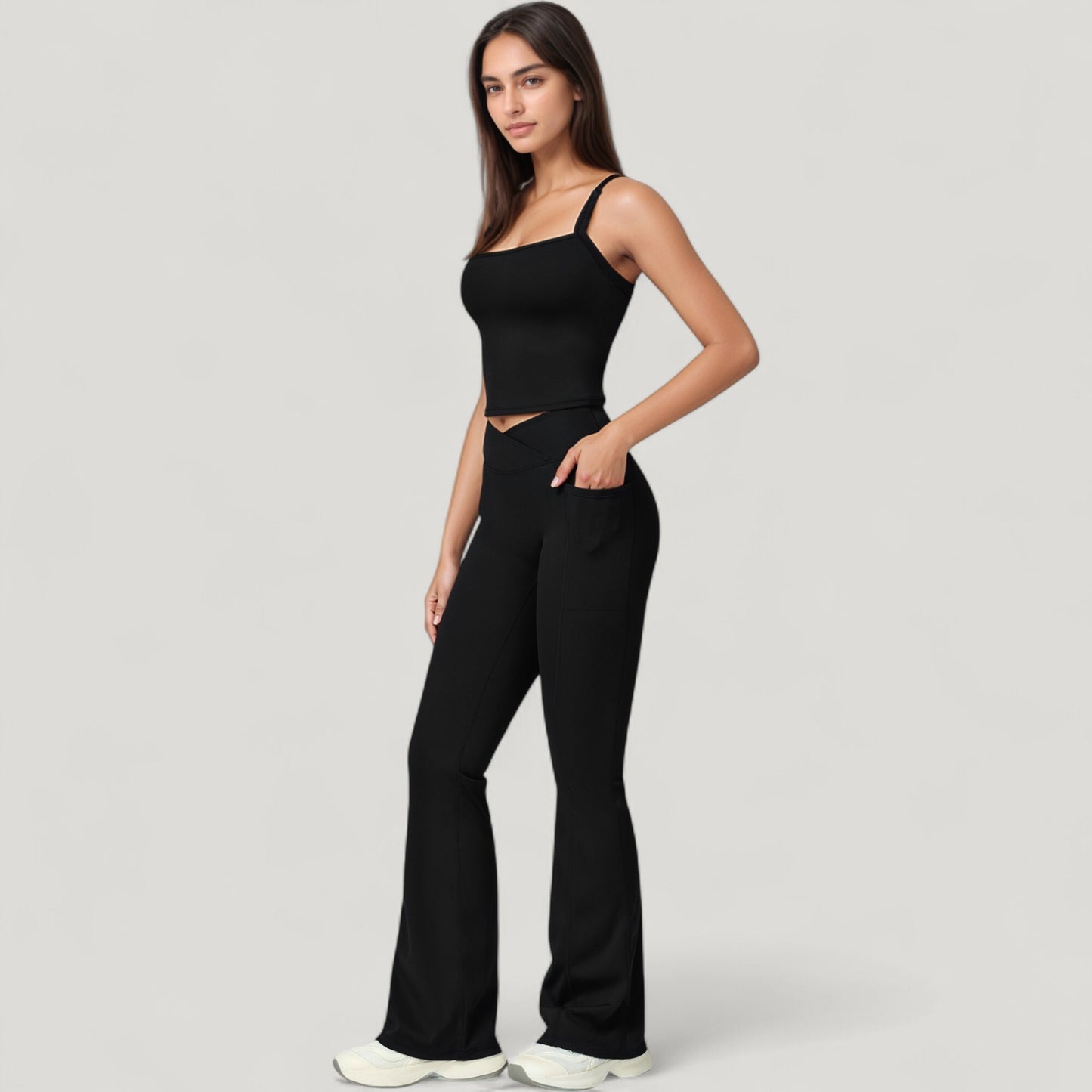 Anna-Kaci Active Women's Crossover Waist Flare Lounge Pants in Soft Woven Fabric with Relaxed Fit and Streamlined Silhouette