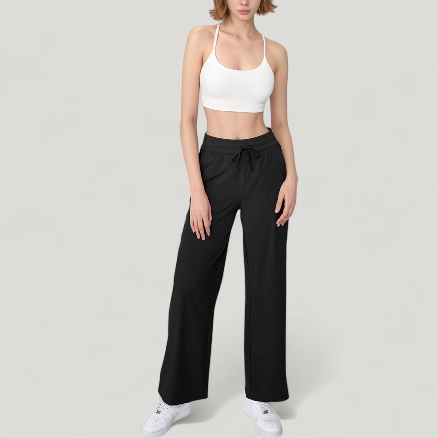 Anna-Kaci Active Women's High Waist Wide Leg Pants with Drawstring Waist and Front Pockets