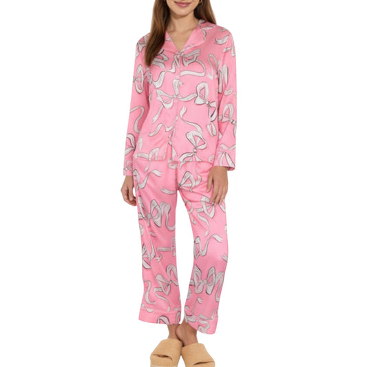 Anna-Kaci Lounge Women's 2-Piece Set Long Sleeve Button Front Pajama Set with Ribbon Print and Soft Silky Fabric for Relaxed Comfort