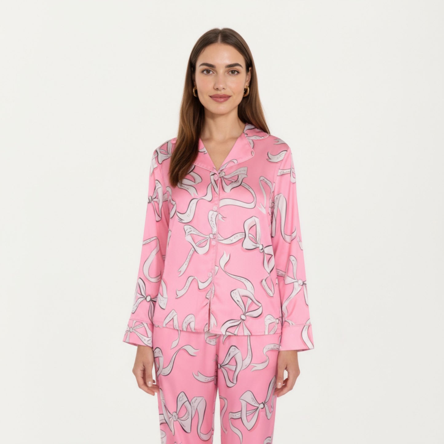 Anna-Kaci Lounge Women's 2-Piece Set Long Sleeve Button Front Pajama Set with Ribbon Print and Soft Silky Fabric for Relaxed Comfort