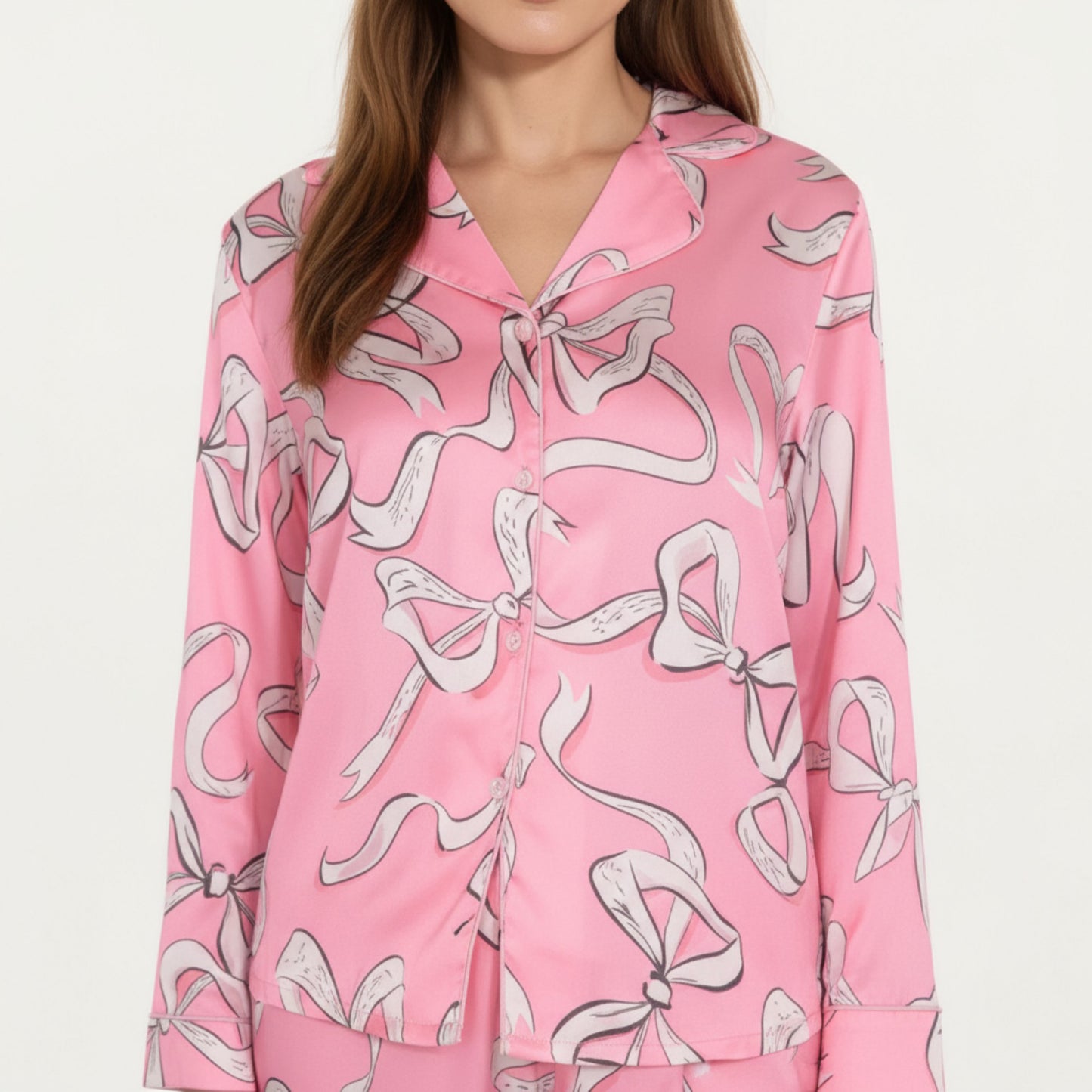 Anna-Kaci Lounge Women's 2-Piece Set Long Sleeve Button Front Pajama Set with Ribbon Print and Soft Silky Fabric for Relaxed Comfort