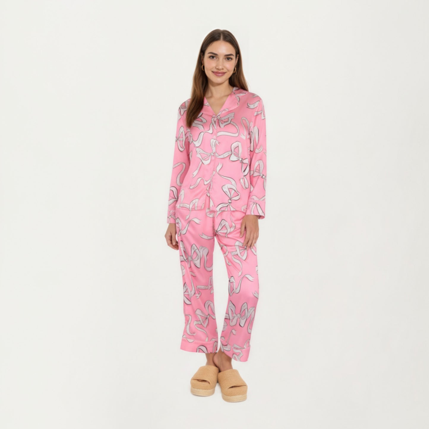 Anna-Kaci Lounge Women's 2-Piece Set Long Sleeve Button Front Pajama Set with Ribbon Print and Soft Silky Fabric for Relaxed Comfort
