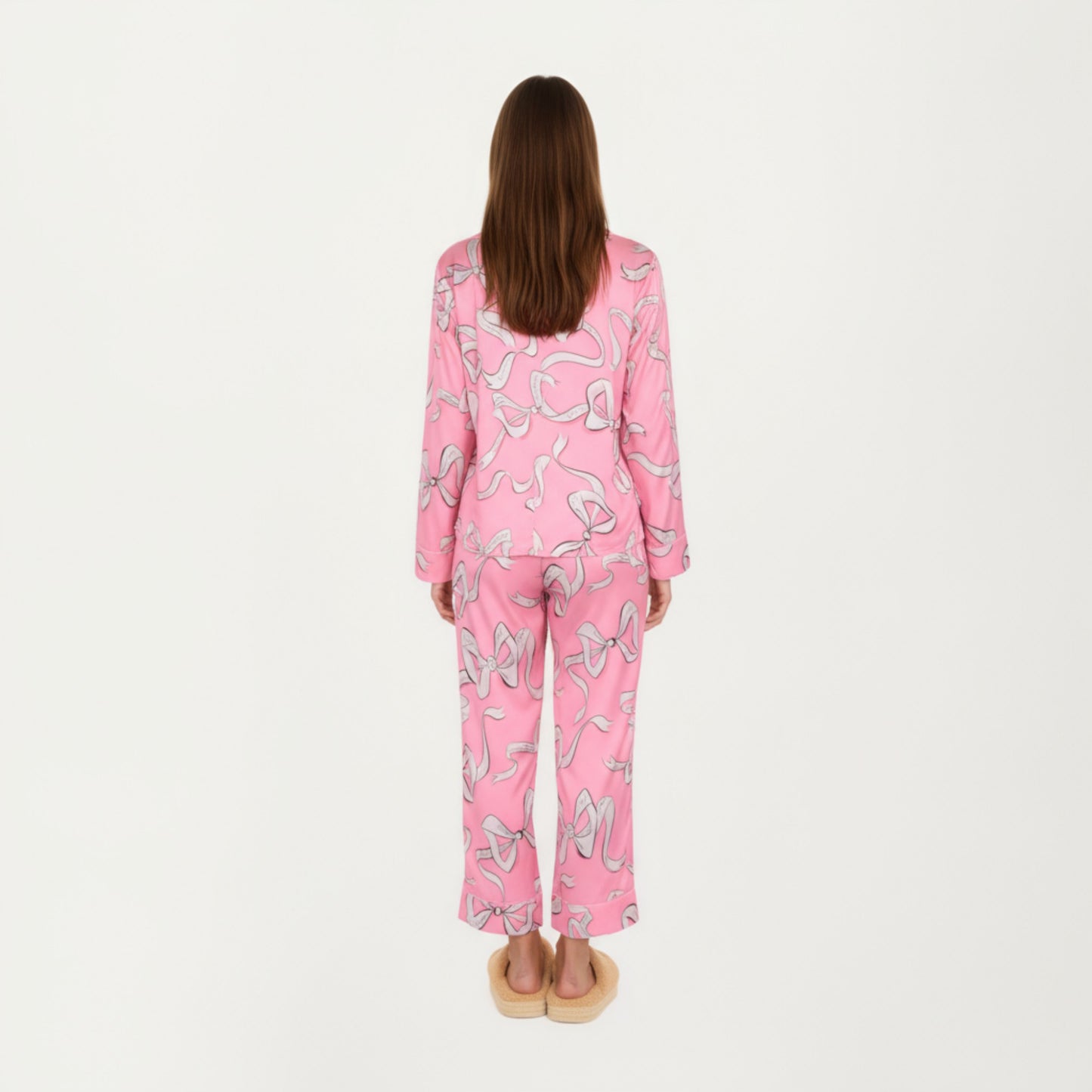 Anna-Kaci Lounge Women's 2-Piece Set Long Sleeve Button Front Pajama Set with Ribbon Print and Soft Silky Fabric for Relaxed Comfort