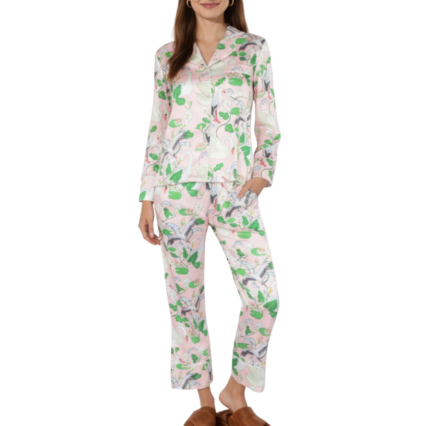 Anna-Kaci Lounge Women's 2-Piece Set Long Sleeve Button Front Pajama Set with Crane Print and Soft Silky Fabric for Relaxed Comfort