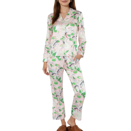 Anna-Kaci Lounge Women's 2-Piece Set Long Sleeve Button Front Pajama Set with Crane Print and Soft Silky Fabric for Relaxed Comfort