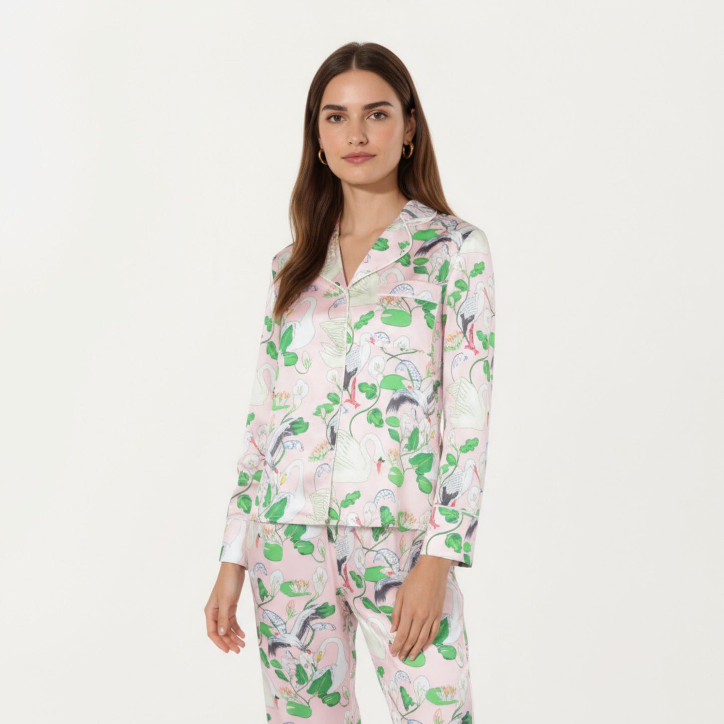 Anna-Kaci Lounge Women's 2-Piece Set Long Sleeve Button Front Pajama Set with Crane Print and Soft Silky Fabric for Relaxed Comfort