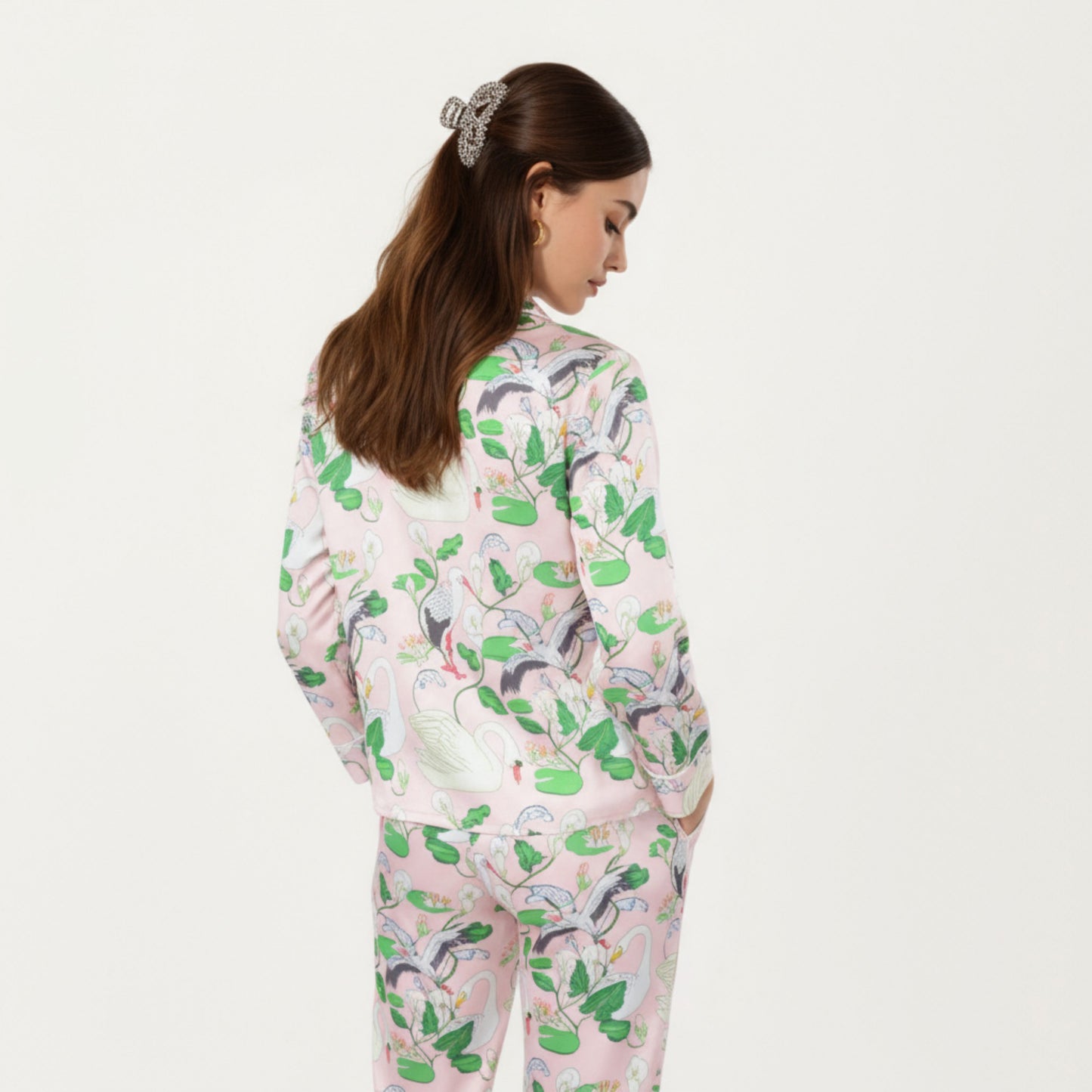 Anna-Kaci Lounge Women's 2-Piece Set Long Sleeve Button Front Pajama Set with Crane Print and Soft Silky Fabric for Relaxed Comfort