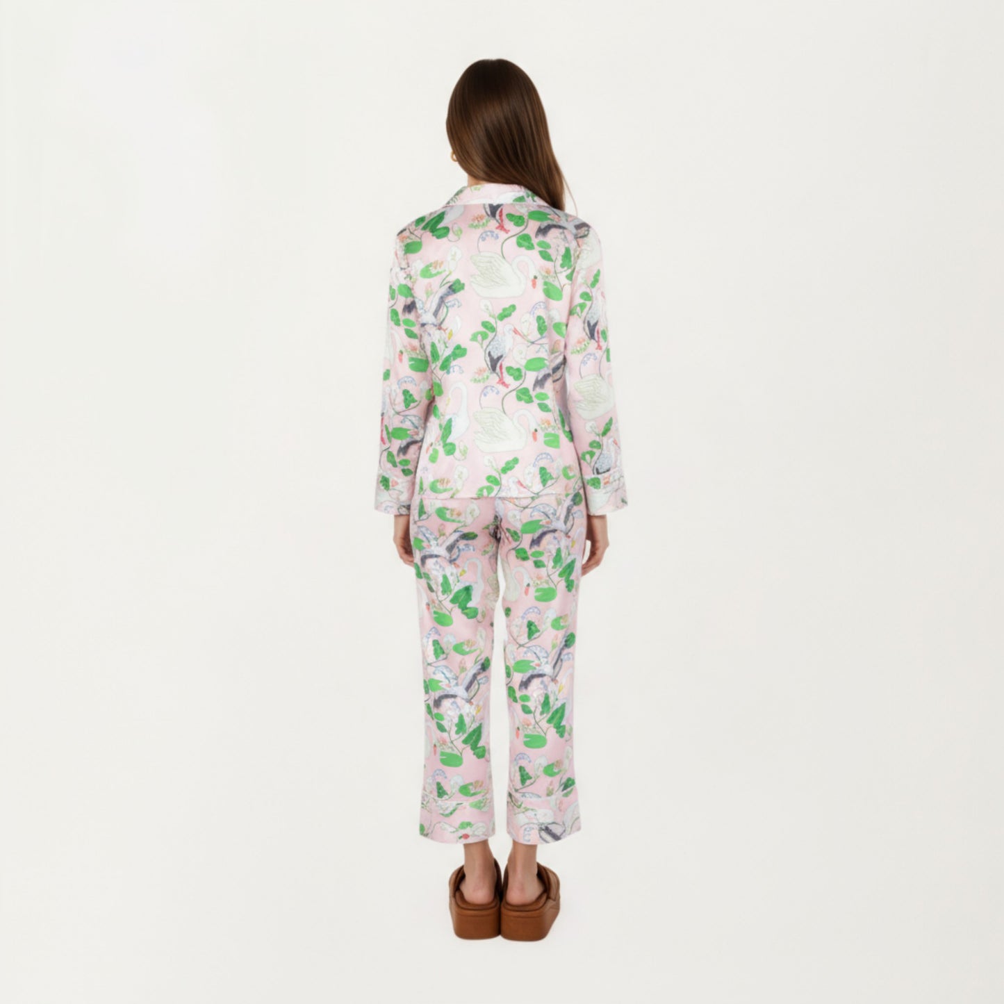 Anna-Kaci Lounge Women's 2-Piece Set Long Sleeve Button Front Pajama Set with Crane Print and Soft Silky Fabric for Relaxed Comfort