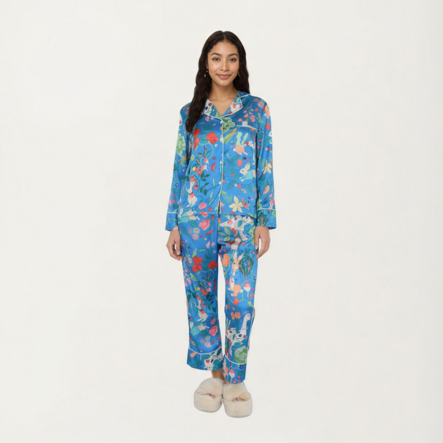 Anna-Kaci Lounge Women's 2-Piece Set Long Sleeve Button Front Pajama Set with Botanical Animal Print and Soft Silky Fabric for Relaxed Comfort