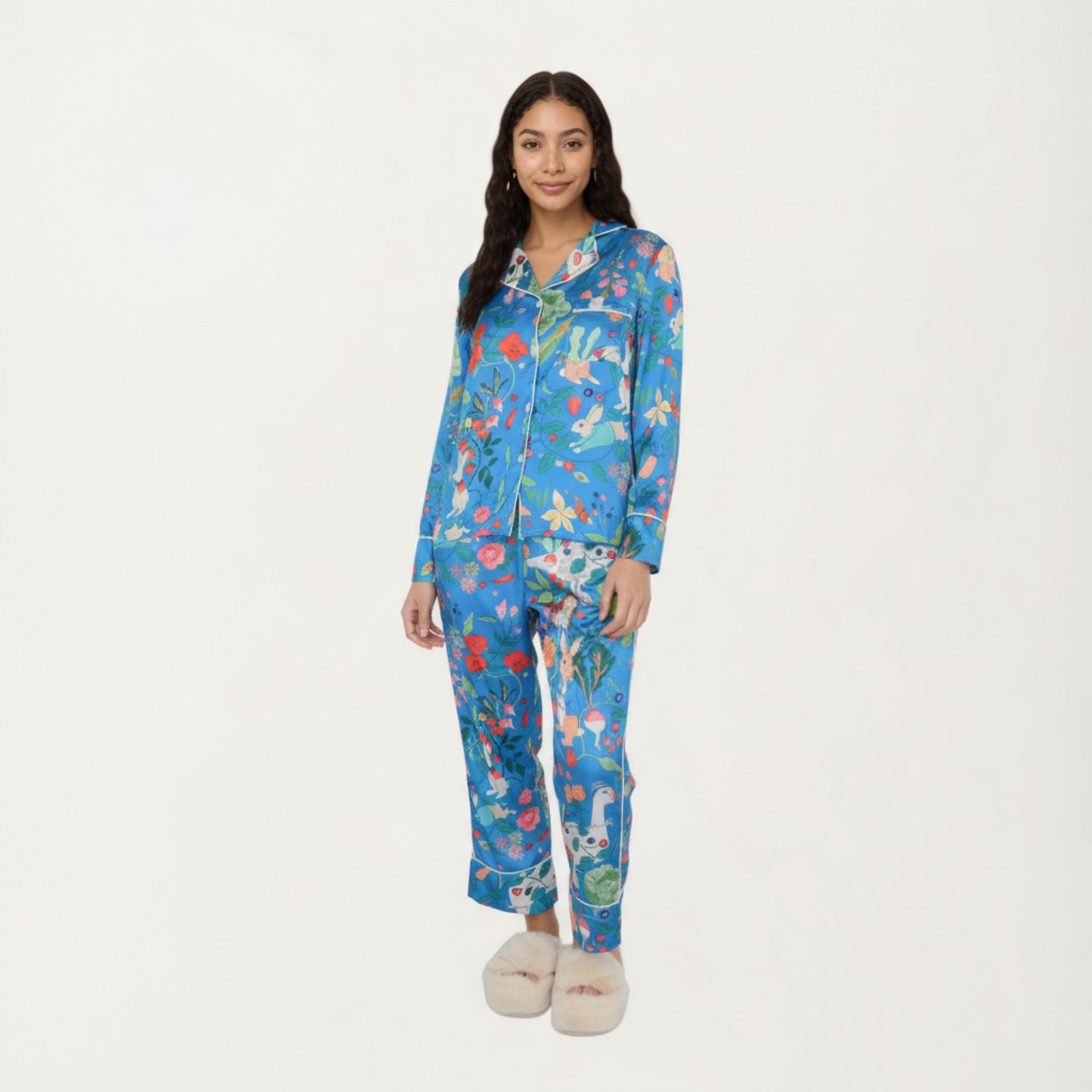 Anna-Kaci Lounge Women's 2-Piece Set Long Sleeve Button Front Pajama Set with Botanical Animal Print and Soft Silky Fabric for Relaxed Comfort