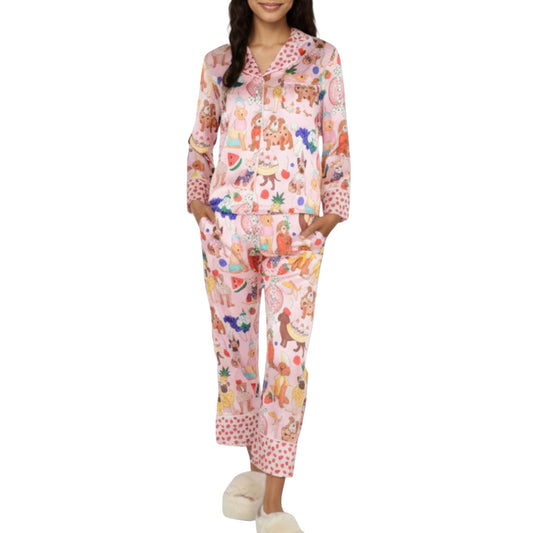 Anna-Kaci Lounge Women's 2-Piece Set Button Front Pajama Set with Playful Dog Print and Soft Silky Fabric for Relaxed Comfort