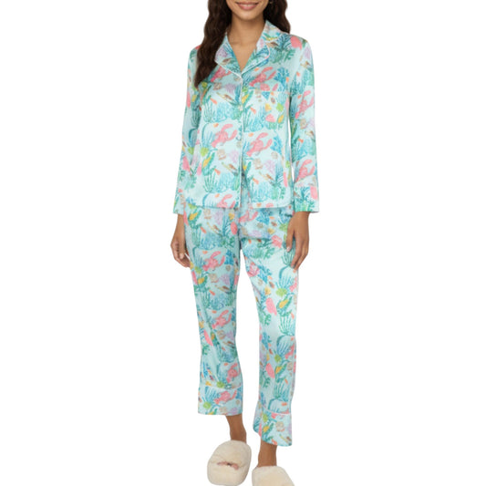 Anna-Kaci Lounge Women's 2-Piece Set Button Front Pajama Set with Ocean Print and Soft Silky Fabric for Relaxed Comfort