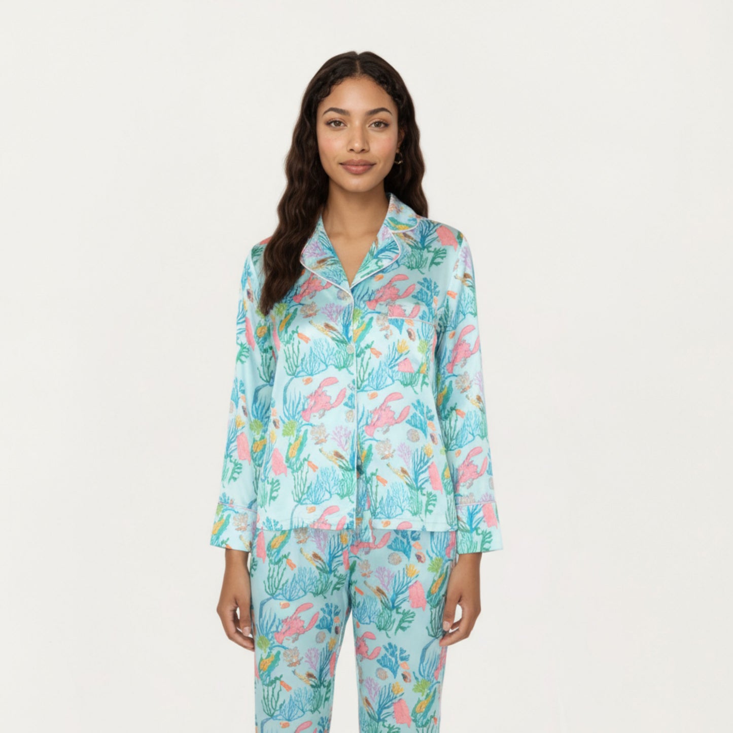 Anna-Kaci Lounge Women's 2-Piece Set Button Front Pajama Set with Ocean Print and Soft Silky Fabric for Relaxed Comfort