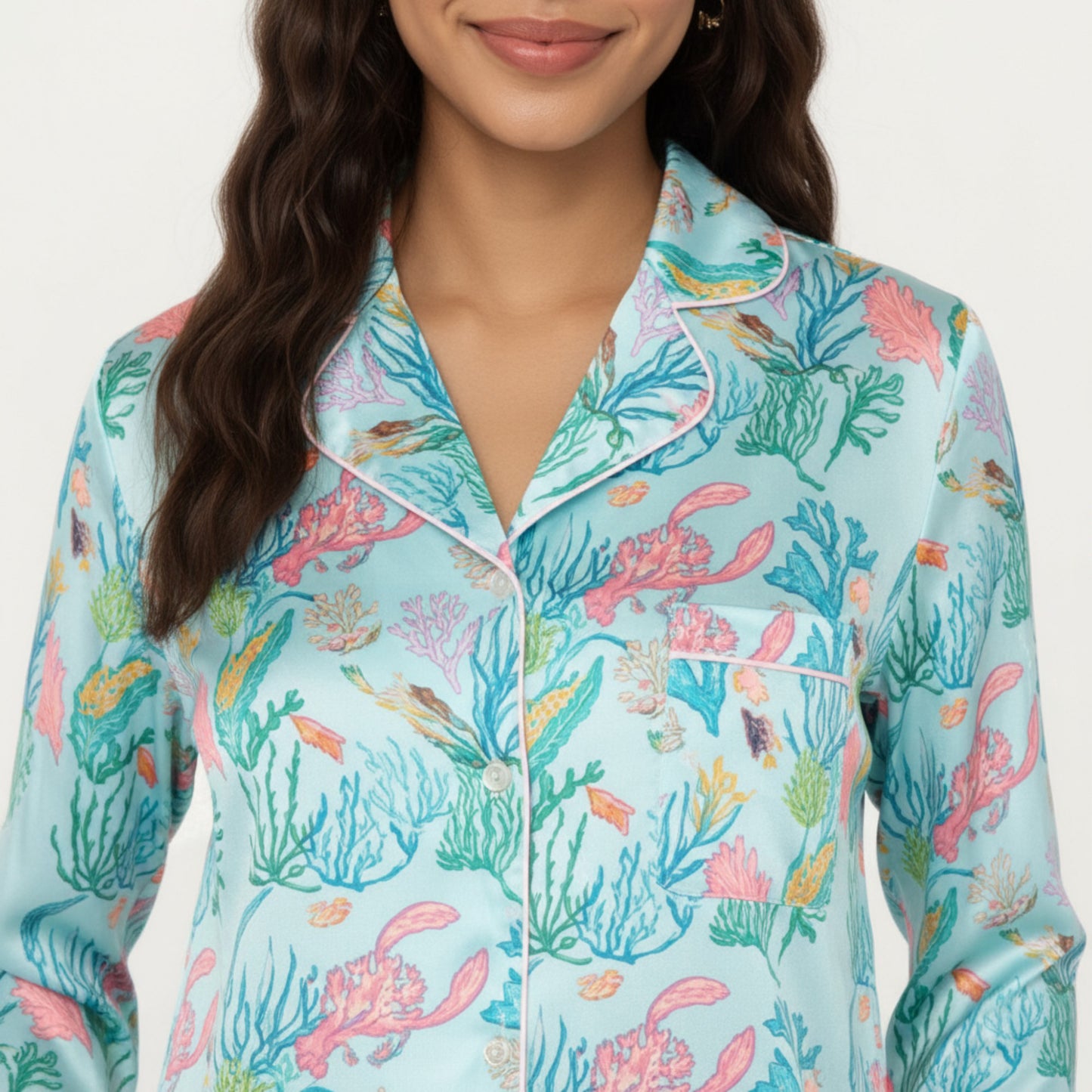 Anna-Kaci Lounge Women's 2-Piece Set Button Front Pajama Set with Ocean Print and Soft Silky Fabric for Relaxed Comfort