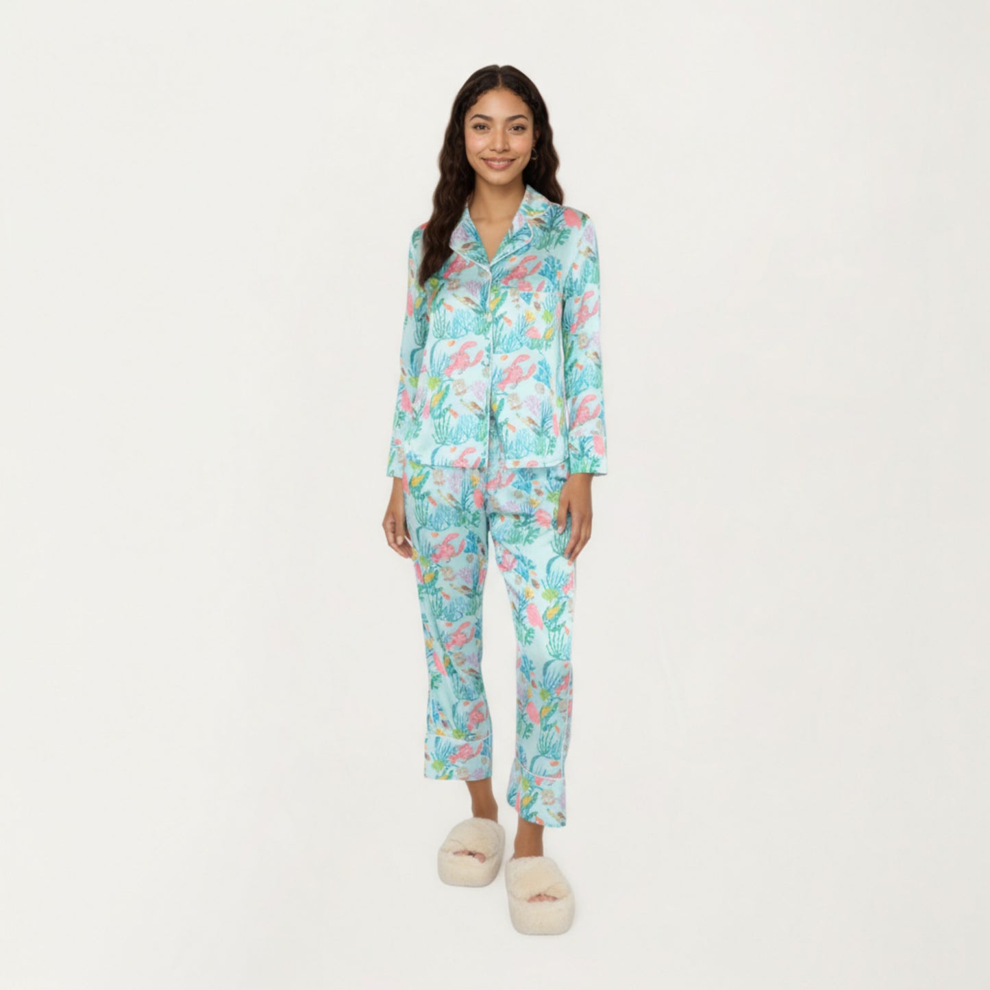 Anna-Kaci Lounge Women's 2-Piece Set Button Front Pajama Set with Ocean Print and Soft Silky Fabric for Relaxed Comfort