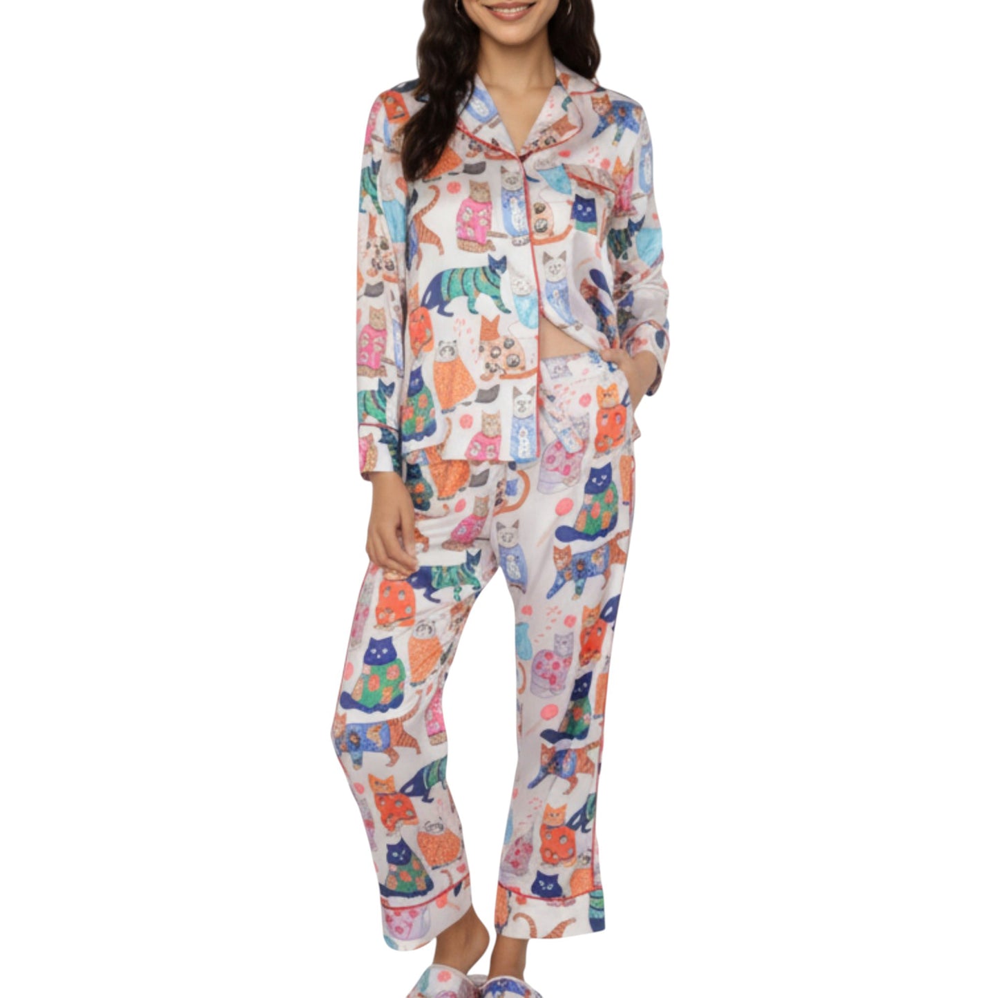 Anna-Kaci Lounge Women's 2-Piece Set Long Sleeve Button Front Pajama Set with Cat Print and Soft Silky Fabric for Relaxed Comfort