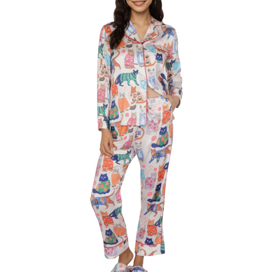 Anna-Kaci Lounge Women's 2-Piece Set Long Sleeve Button Front Pajama Set with Cat Print and Soft Silky Fabric for Relaxed Comfort