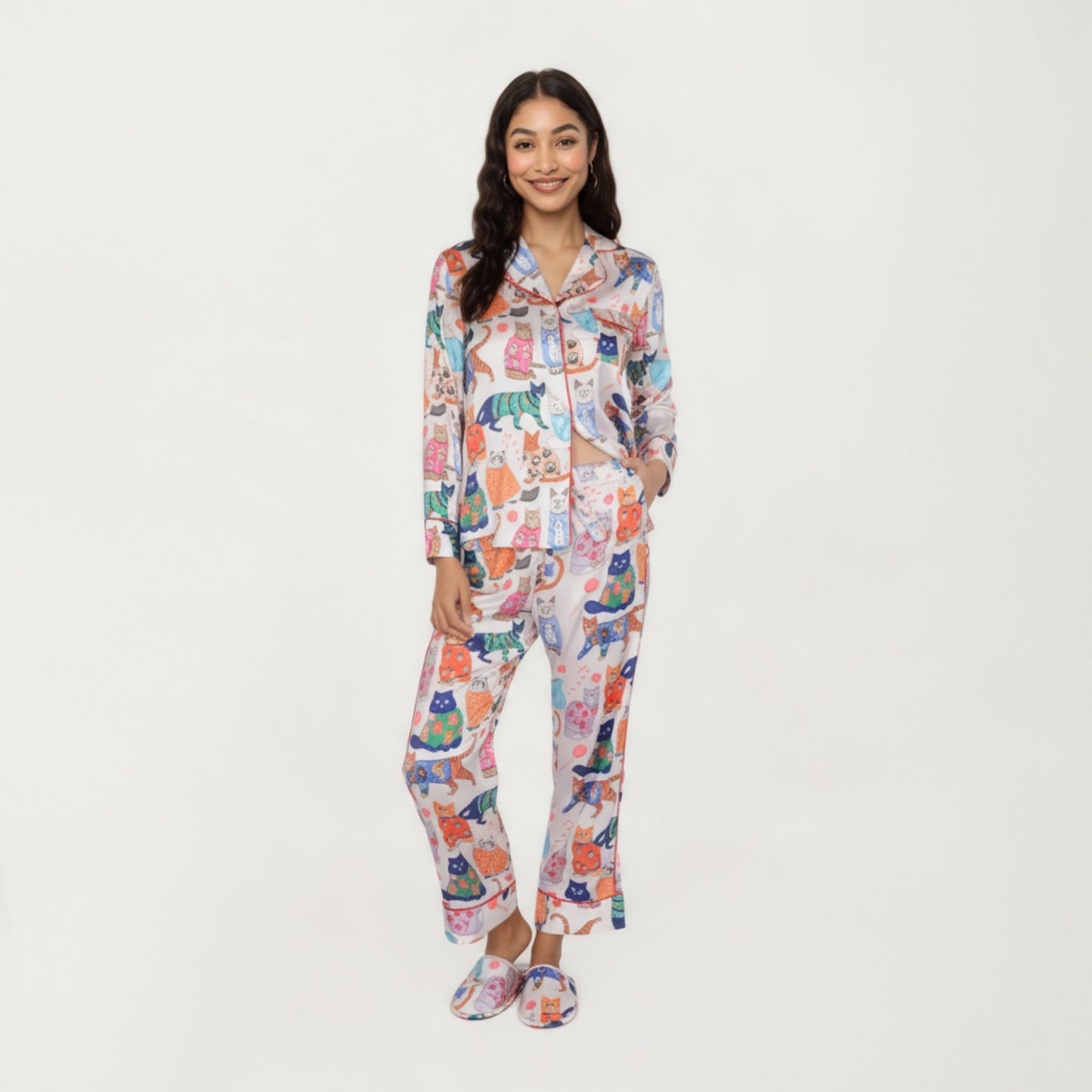 Anna-Kaci Lounge Women's 2-Piece Set Long Sleeve Button Front Pajama Set with Cat Print and Soft Silky Fabric for Relaxed Comfort