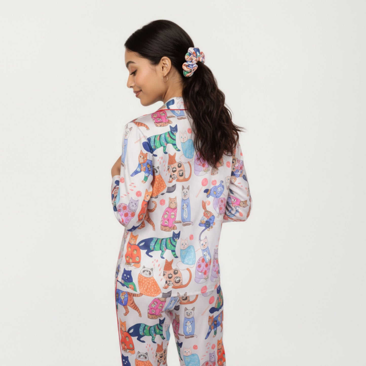 Anna-Kaci Lounge Women's 2-Piece Set Long Sleeve Button Front Pajama Set with Cat Print and Soft Silky Fabric for Relaxed Comfort
