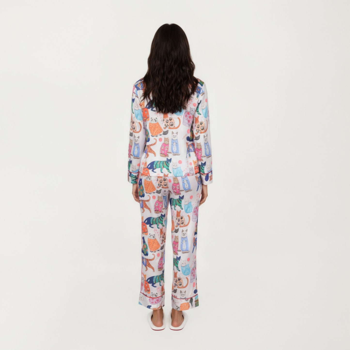 Anna-Kaci Lounge Women's 2-Piece Set Long Sleeve Button Front Pajama Set with Cat Print and Soft Silky Fabric for Relaxed Comfort