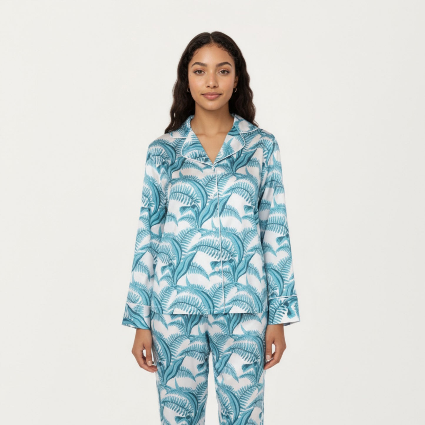 Anna-Kaci Lounge Women's 2-Piece Set Long Sleeve Button Front Pajama Set with Tropical Leaf Print and Soft Silky Fabric for Relaxed Comfort
