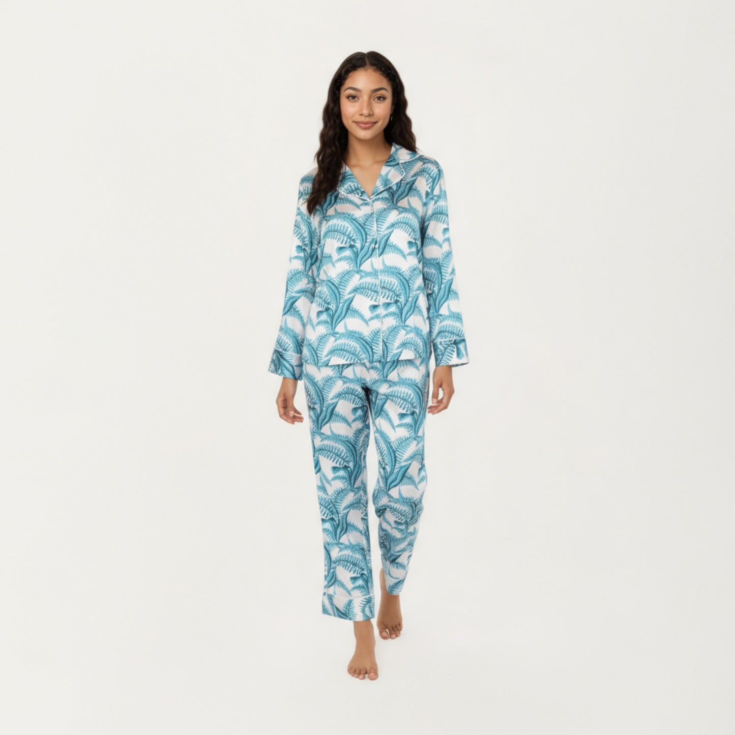 Anna-Kaci Lounge Women's 2-Piece Set Long Sleeve Button Front Pajama Set with Tropical Leaf Print and Soft Silky Fabric for Relaxed Comfort