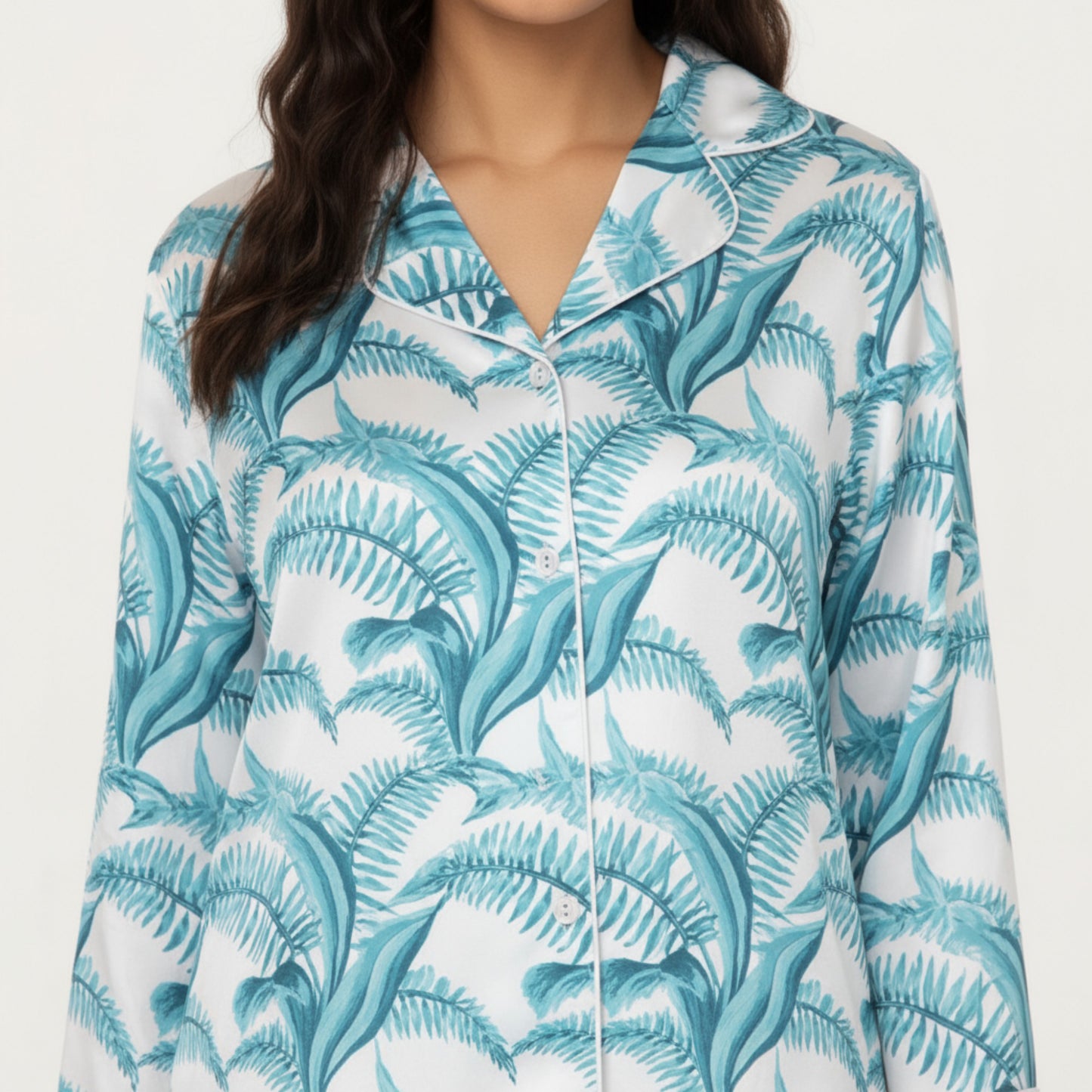 Anna-Kaci Lounge Women's 2-Piece Set Long Sleeve Button Front Pajama Set with Tropical Leaf Print and Soft Silky Fabric for Relaxed Comfort