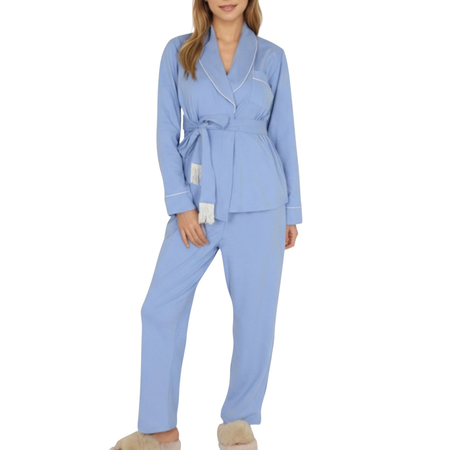 Anna-Kaci Lounge Women's 2-Piece Set Long Sleeve Belted Wrap Top and Relaxed Fit Pants Pajama Set with Shawl Collar and Soft Lightweight Fabric