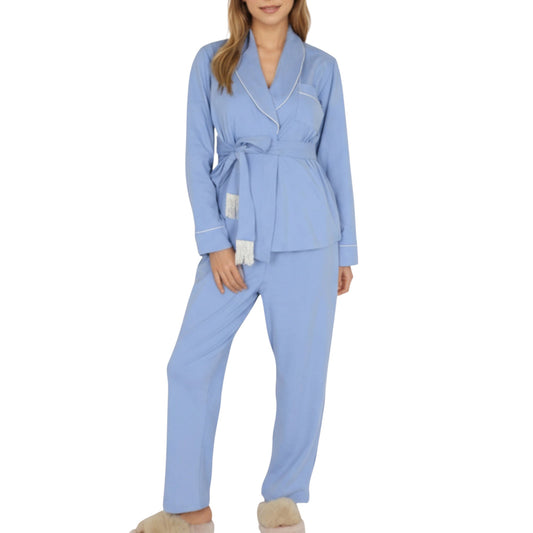 Anna-Kaci Lounge Women's 2-Piece Set Long Sleeve Belted Wrap Top and Relaxed Fit Pants Pajama Set with Shawl Collar and Soft Lightweight Fabric