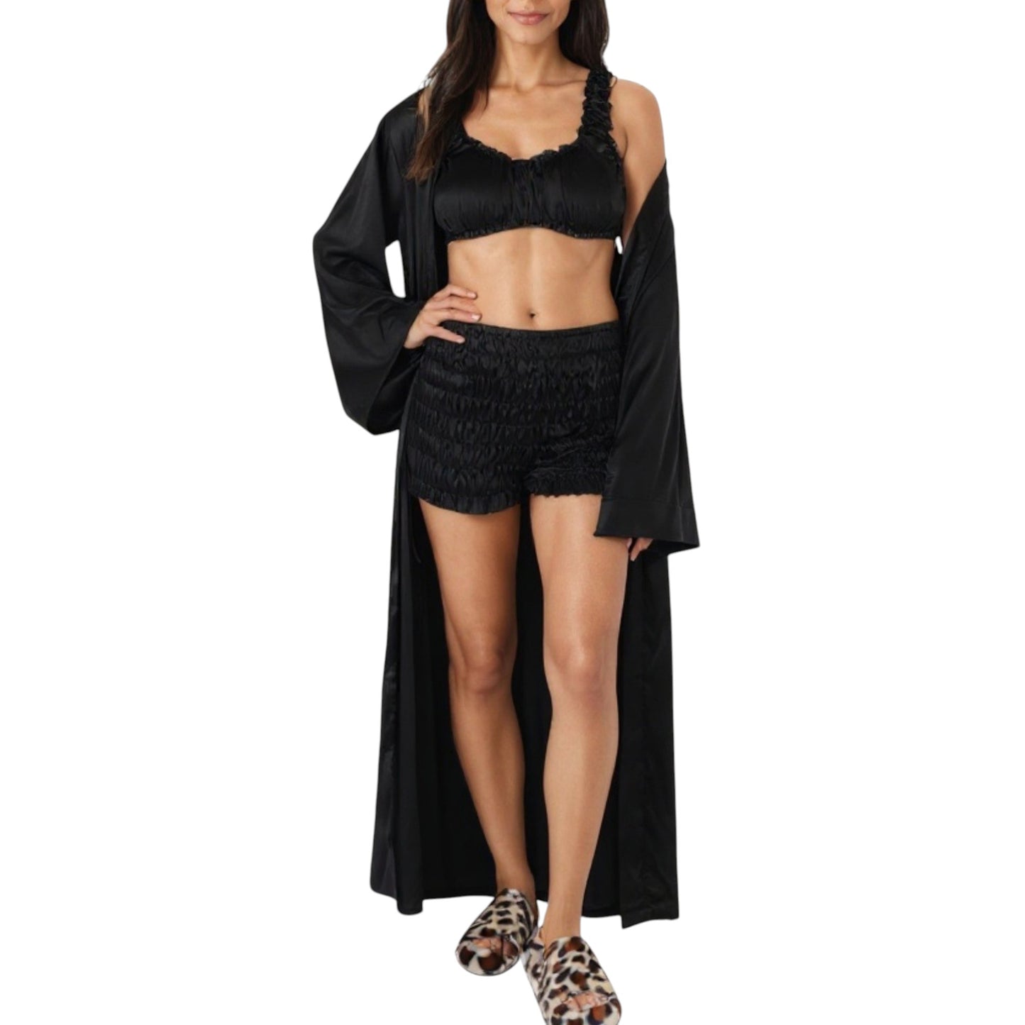 Anna-Kaci Lounge Women's 3-Piece Set Satin Robe with Matching Bralette Top and Elastic Waist Shorts Loungewear Sleepwear Set