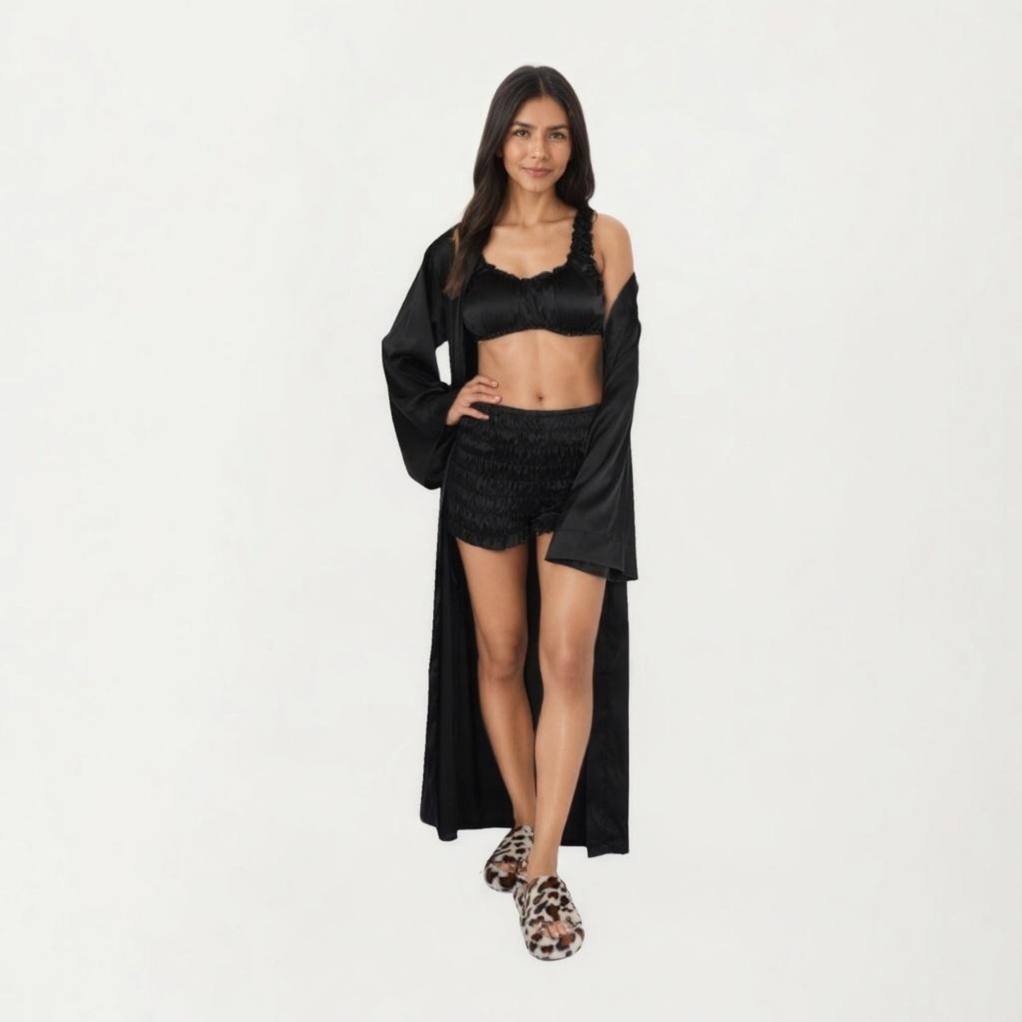Anna-Kaci Lounge Women's 3-Piece Set Satin Robe with Matching Bralette Top and Elastic Waist Shorts Loungewear Sleepwear Set